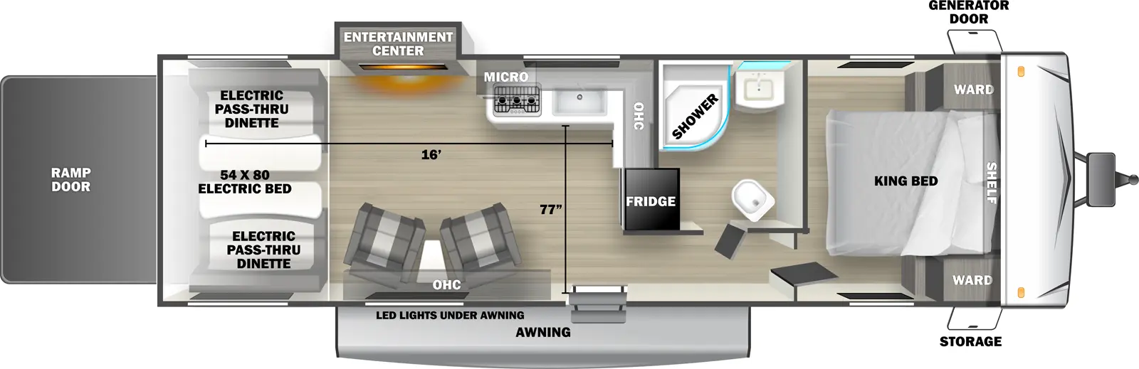 The 2700RLS travel trailer has 1 slide out on the off-door side, 1 entry door and 1 rear ramp door. Exterior features include an awning with LED lights, front door side storage and front off-door side generator door. Interior layout from front to back includes: front bedroom with foot-facing King bed, shelf over the bed, and front corner wardrobes; off-door side bathroom with shower, linen storage, toilet and single sink vanity; off-door side L-shaped kitchen countertop with stovetop, overhead microwave and cabinets, sink, and rear facing refrigerator; 2 door side recliners with end table; off-door side slideout holding an entertainment center; and rear 54 x 80 electric bed over electric pass-through dinette. Cargo length from rear of unit to kitchen countertop is 16 ft. Cargo width from kitchen countertop to door side wall is 77 inches.